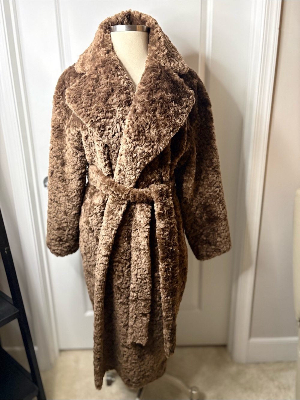 Express Brown Faux Shearling Teddy Coat with Belt